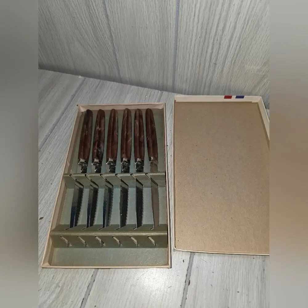 Vtg Regent Sheffield Steak Knives Stainless Blades Set Of 7 Brown Pearl Handles